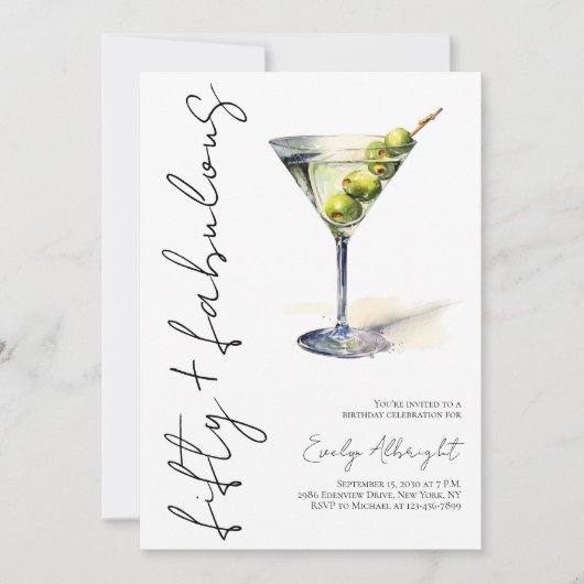 Invitation Cinquante ans et Fabuleux Script Aquarelle Martini (Devant)
