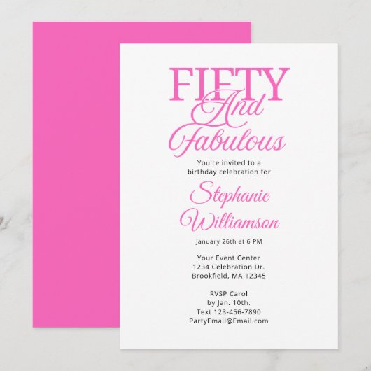 Invitation Cinquante ans et Fabuleux Script Noir et Rose (Devant / Derrière)