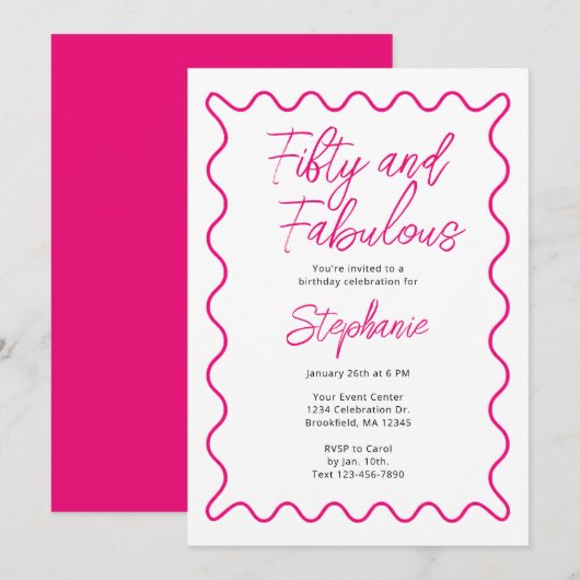 Invitation Cinquante ans et Fabuleux Script Rose (Devant / Derrière)