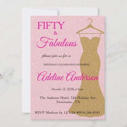 Invitation Cinquante ans et Fabuleux Script Rose Or 50e Anniv (Devant)