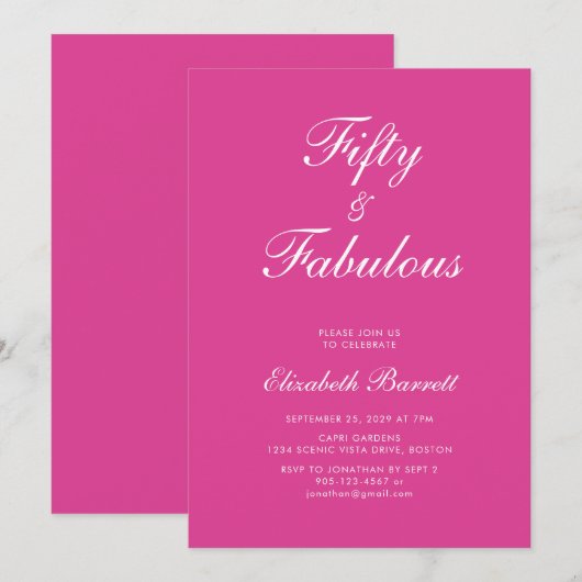 Invitation Cinquante ans rose et fabuleux Script Fête d'anniv (Devant / Derrière)