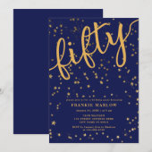 Invitation Cinquante Blue Gold Parties scintillant Moderne 50 (Devant / Derrière)