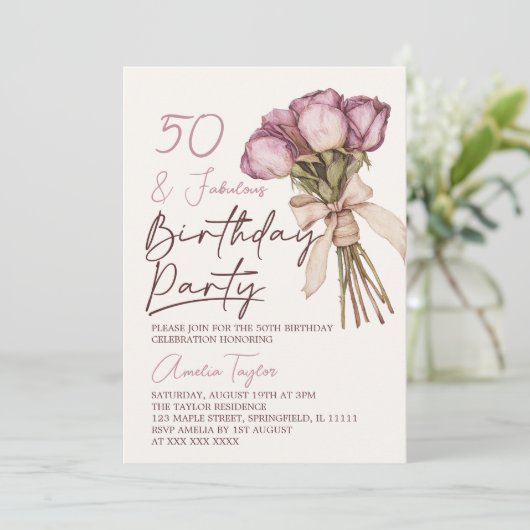 Invitation Cinquante Boho Floral Anniversaire (Debout devant)