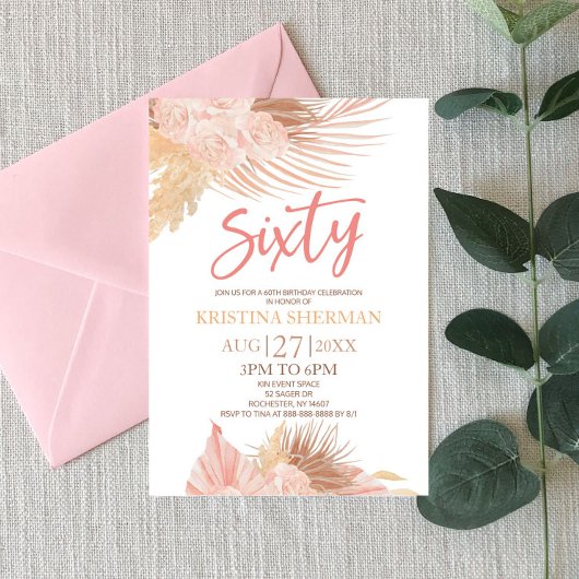 Invitation Cinquante Boho rose Floral 60e fête d'anniversaire