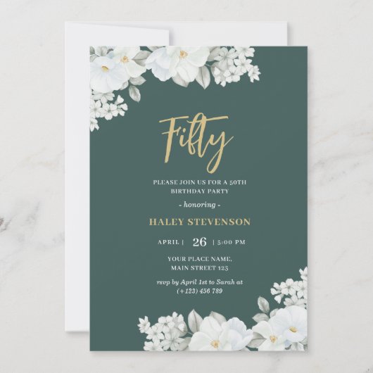 Invitation Cinquante Emerald Green & Gold White Floral Annive (Devant)