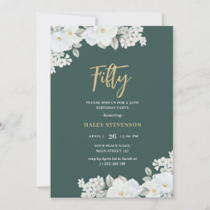Invitation Cinquante Emerald Green & Gold White Floral Annive