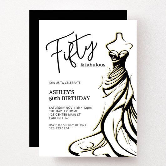Invitation Cinquante et fabuleuse robe noir blanc 50e anniver