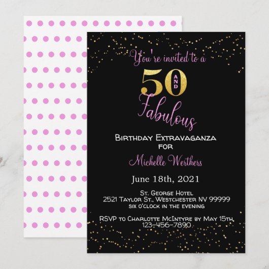 Invitation Cinquante et fabuleux Anniversaire Black Pink Gold (Devant / Derrière)