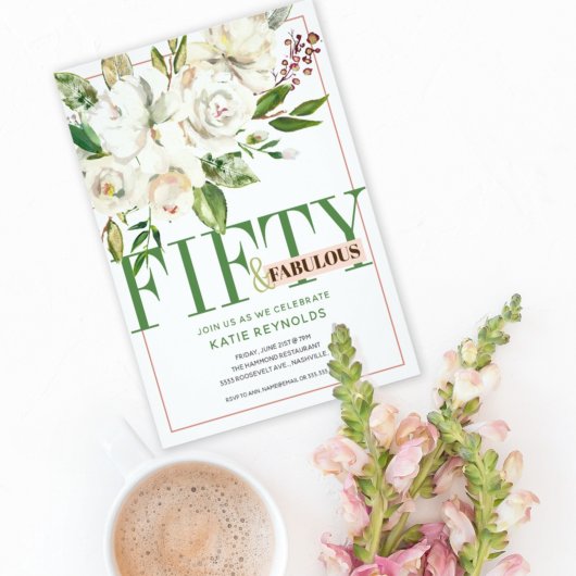 Invitation Cinquante et fabuleux Anniversaire Floral Blanc
