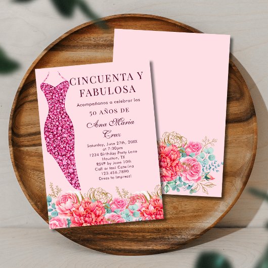 Invitation Cinquante et fabuleux rose floral espagnol 50e ann