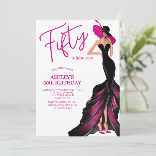 Invitation Cinquante fabuleuse robe rose 50e anniversaire (Debout devant)