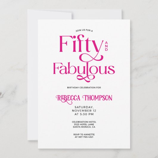 Invitation Cinquante Fantastique Rose Chaud Script 50e Annive (Devant)