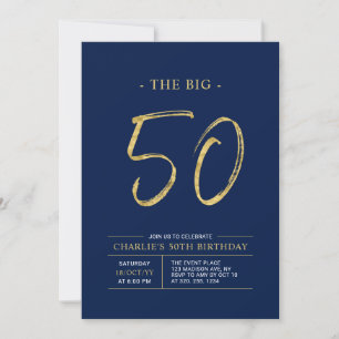 Invitation Cinquante   Gold & Navy Blue 50th Birthday Party