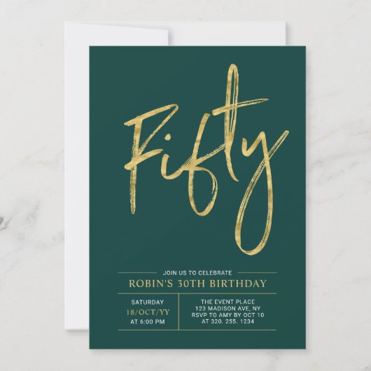 Invitation Cinquante | Or et Vert Fête Moderne de 50 ans (Devant)
