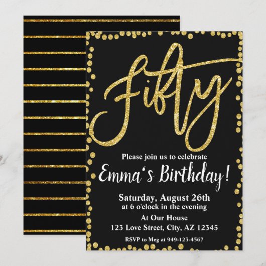 Invitation Cinquante parties scintillant noire et or 50e anni (Devant / Derrière)