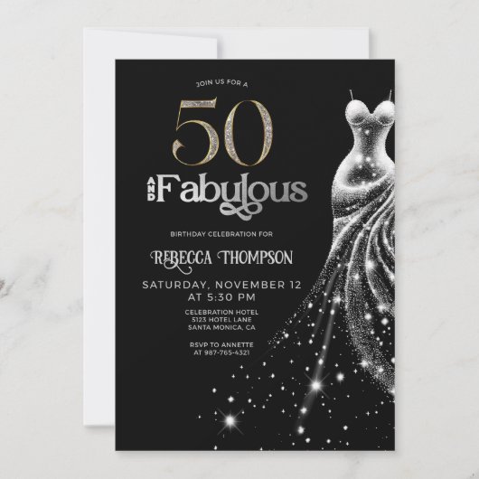 Invitation Cinquante Robe Argentée Fabuleuse Noir 50e Anniver (Devant)