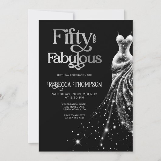 Invitation Cinquante Robe Argentée Fabuleuse Noir 50e Anniver (Devant)