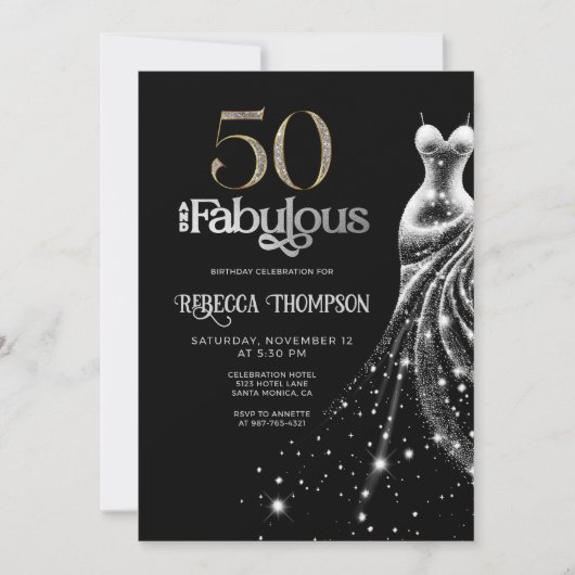 Invitation Cinquante Robe Argentée Fabuleuse Noir 50e Anniver (Devant)