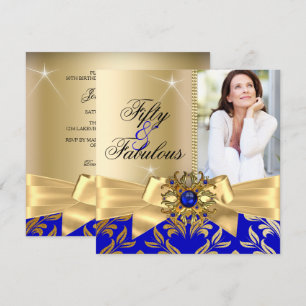 Invitation Cinquantième anniversaire bleu perle or feuille bo