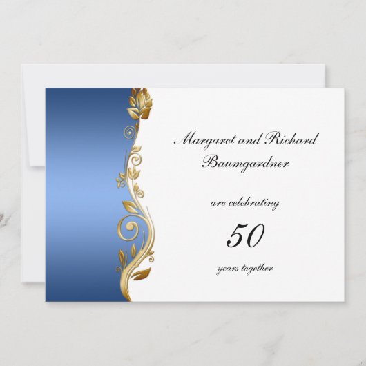 Invitation Cinquantième anniversaire de mariage Blue Gold Flo (Devant)
