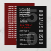 Invitation cinquantième Rouge blanc CINQ OH de noir moderne (Devant / Derrière)