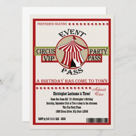Invitation Circus Birday Party Event Pass (Devant / Derrière)