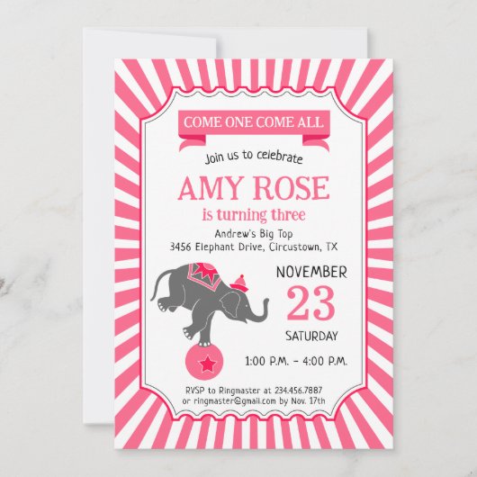 Invitation Circus Elephant Birthday Party (Devant)