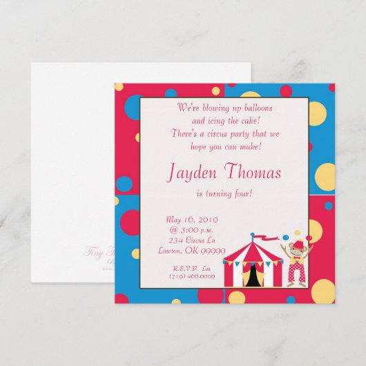 Invitation circusparty, nous faisons exploser des ballons... (Devant / Derrière)