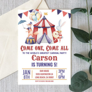 Invitation Cirque Carnaval Animal Red Blue Anniversaire