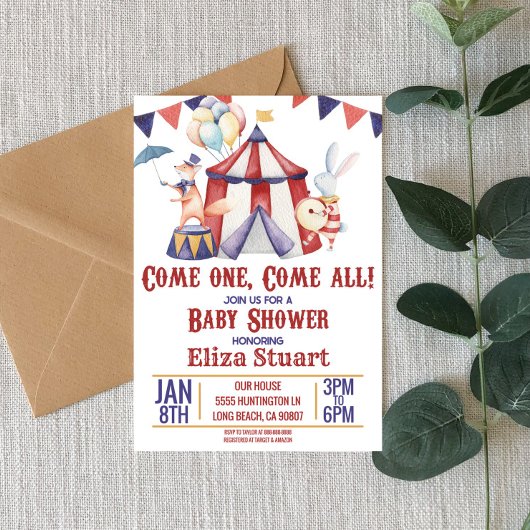 Invitation Cirque Carnaval Animal Red Blue Baby shower