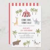 Invitation Cirque Carnaval Animaux 1er anniversaire Invitat (Devant / Derrière)