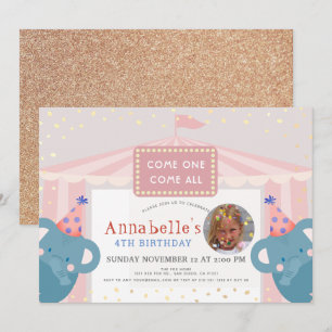 Invitation Cirque Carnaval Elephant Rose Girl Photo Anniversa
