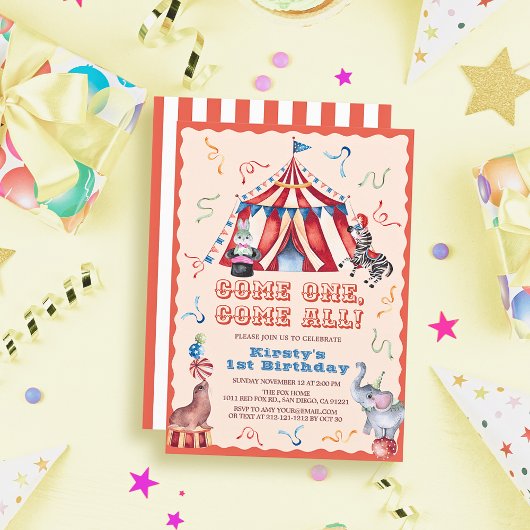 Invitation Cirque Carnaval Tente Animaux 1er anniversaire