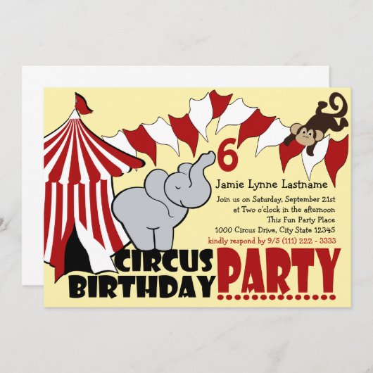 Invitation Cirque Fun Anniversaire (Devant / Derrière)