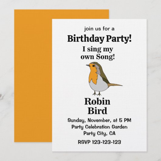 Invitation Citation drôle d'oiseau Robin pour fête d'annivers (Devant / Derrière)