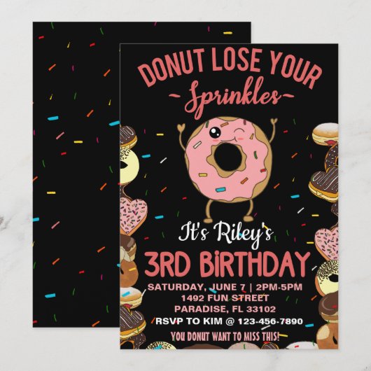 Invitation Citation drôle sur le thème du donut pour le 3e an (Devant / Derrière)