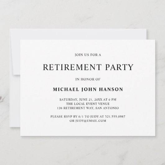 Invitation Citation simple Parti de retraite noir et blanc (Dos)