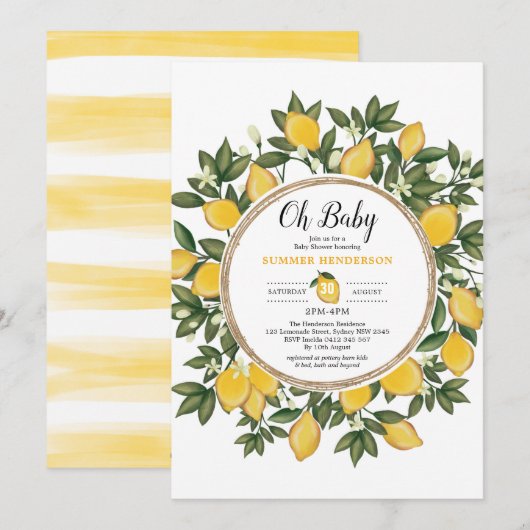 Invitation Citron Baby shower été Citrus soleil citron (Devant / Derrière)