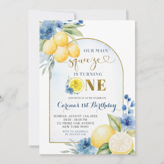 Invitation Citron bleu floral principal Squeeze premier anniv (Devant)