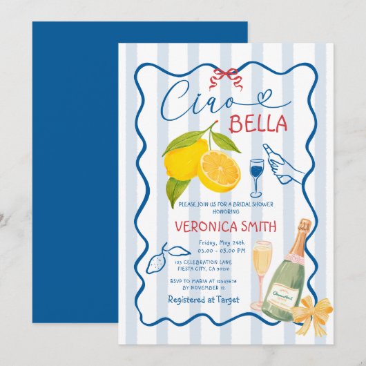 Invitation Citron bleu Italie Ciao Fête des mariées Invitatio (Devant / Derrière)