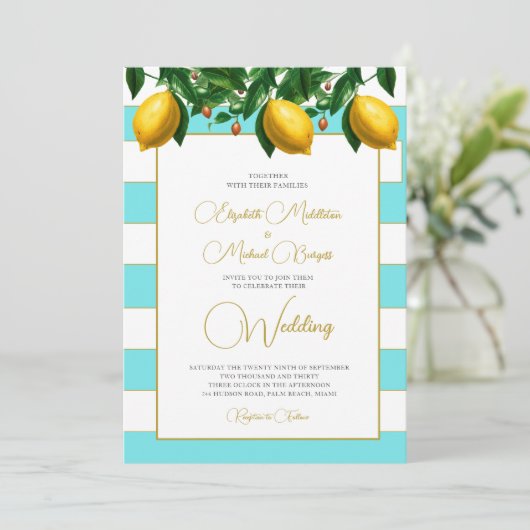 Invitation Citron Botanique Bleu Blancs Mariage (Debout devant)