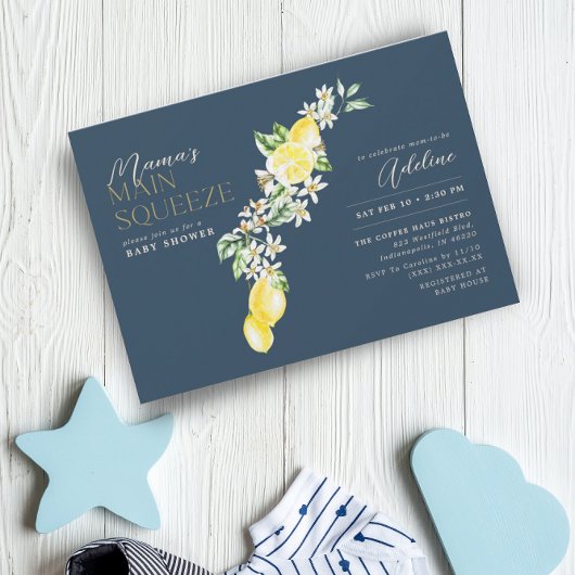 Invitation Citron Citrus Mama Baby shower bleu Squeeze
