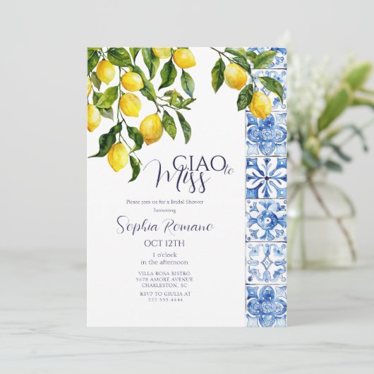 Invitation Citron Citrus Positano Carreaux Bleus Fête des mar (Debout devant)