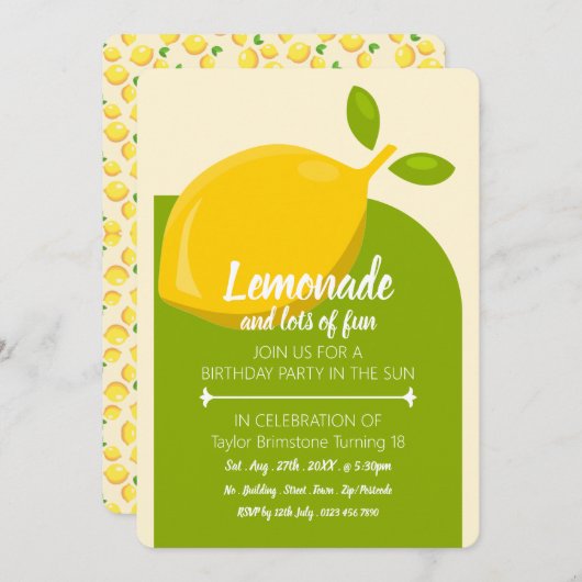 Invitation Citron design, Lemonade et beaucoup d'Anniversaire (Devant / Derrière)