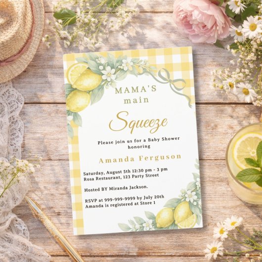 Invitation Citron gingham à motifs citrus, noeud papillon, Ba