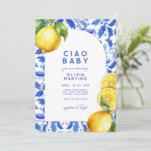 Invitation Citron italien Amalfi Baby shower en carrelage ble (Debout devant)