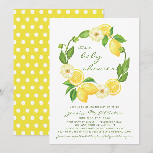 Invitation Citron jaune Baby shower Polkadot Unisex (Devant / Derrière)