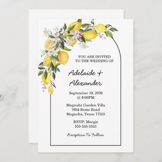 Invitation Citron Jaune Citrus (Devant / Derrière)