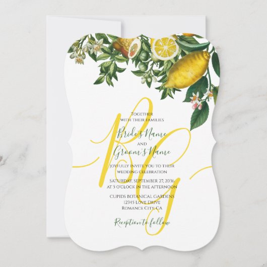 Invitation Citron jaune rustique et feuillage Mariage de verd (Devant)