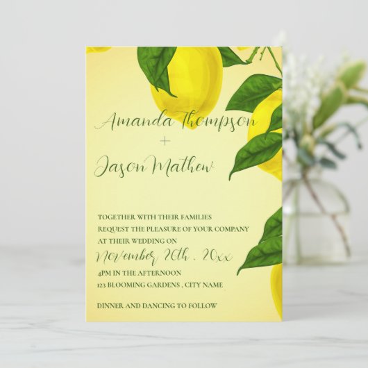 Invitation Citron Joli Lumineux Mariage Citrus Jaune (Debout devant)